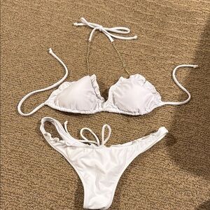 White Bikini with Gold Chain Detail and ruffled bottom